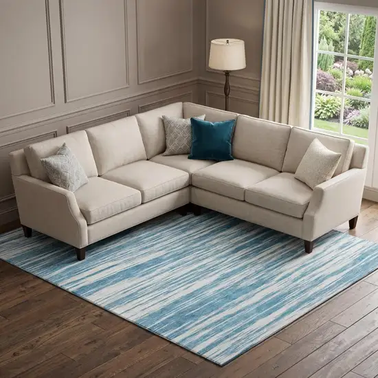 Teal And Ivory Striped Washable Area Rug With UV Protection Photo 1