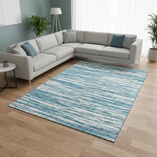 Teal And Ivory Striped Washable Area Rug With UV Protection Photo 2