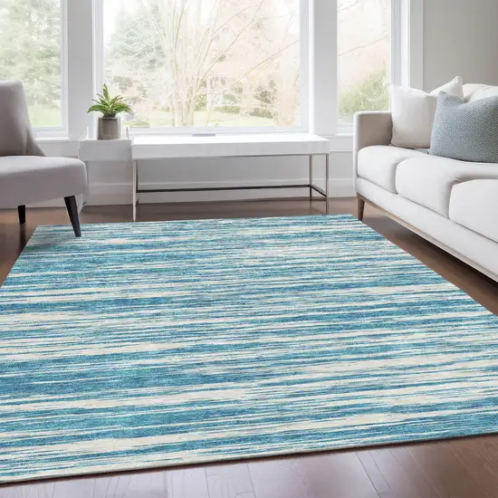 Teal And Ivory Striped Washable Area Rug With UV Protection Photo 5
