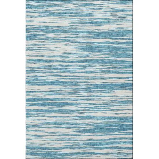 Teal And Ivory Striped Washable Area Rug With UV Protection Photo 3
