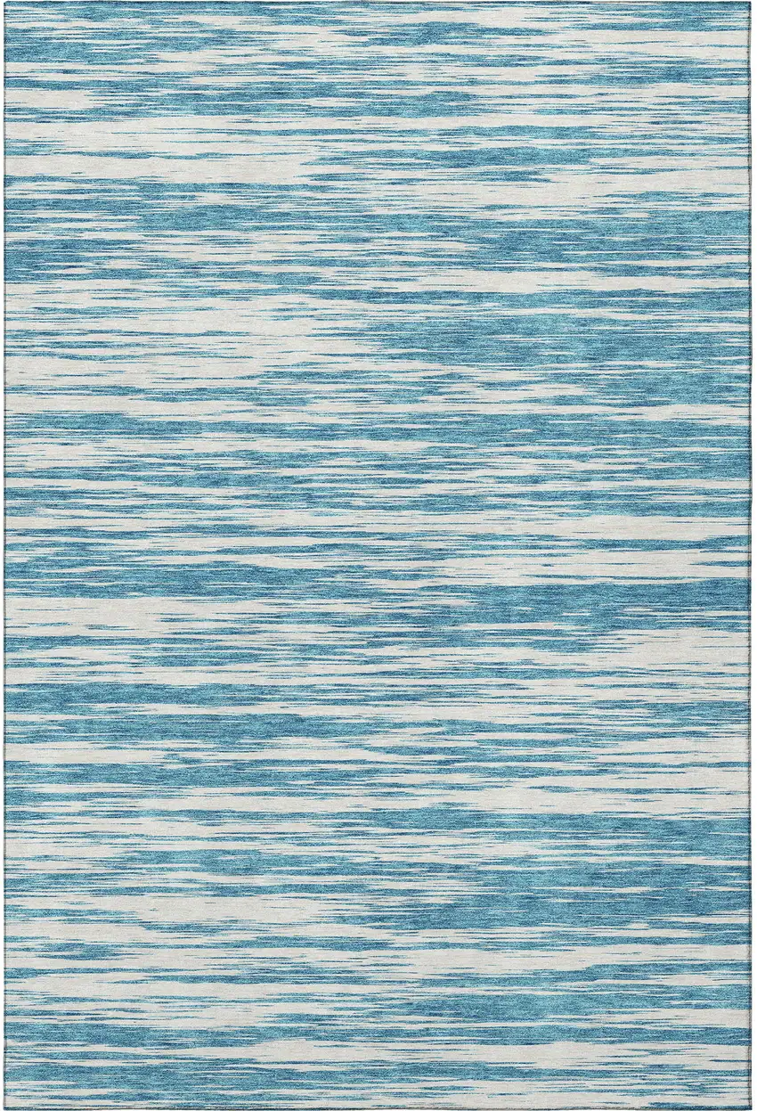 Teal And Ivory Striped Washable Area Rug With UV Protection Photo 3