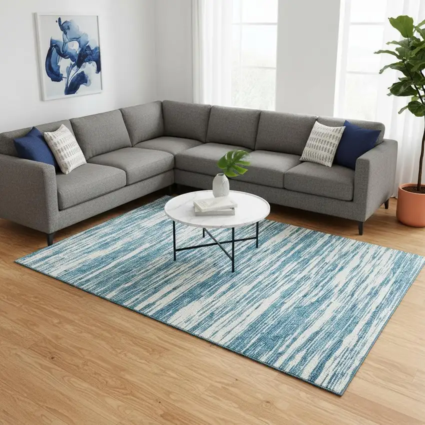 Teal And Ivory Striped Washable Area Rug With UV Protection Photo 2