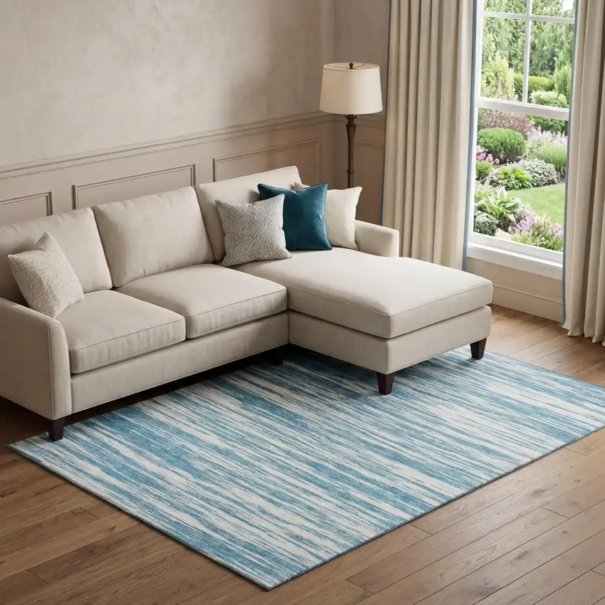 Teal And Ivory Striped Washable Area Rug With UV Protection Photo 1