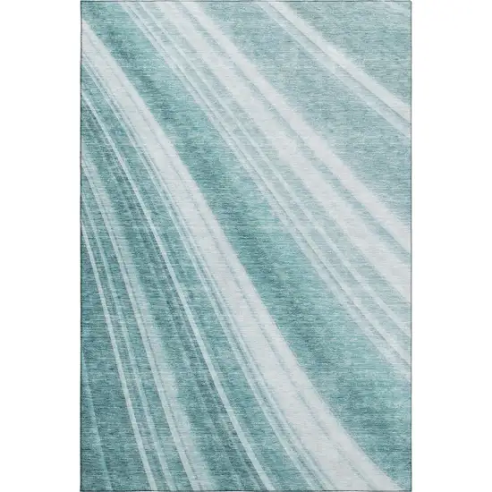Teal And Ivory Striped Washable Area Rug With UV Protection Photo 1