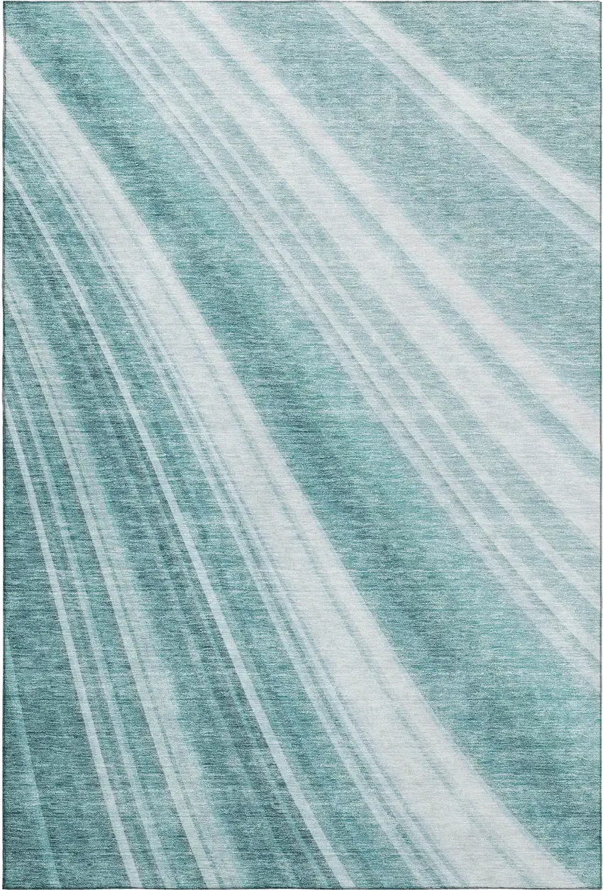 Teal And Ivory Striped Washable Area Rug With UV Protection Photo 1