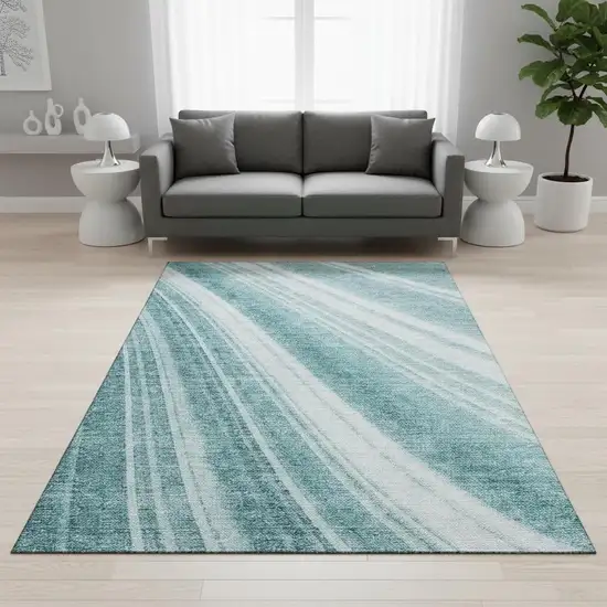 Teal And Ivory Striped Washable Area Rug With UV Protection Photo 2