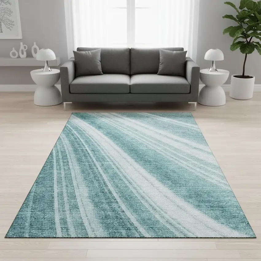 Teal And Ivory Striped Washable Area Rug With UV Protection Photo 2