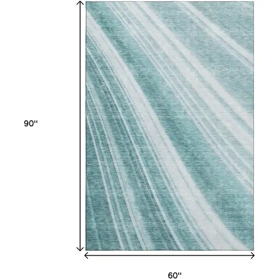 Teal And Ivory Striped Washable Area Rug With UV Protection Photo 9