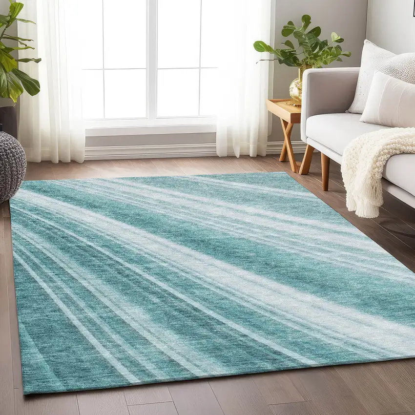 Teal And Ivory Striped Washable Area Rug With UV Protection Photo 3