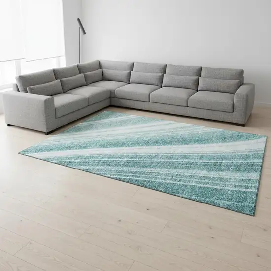 Teal And Ivory Striped Washable Area Rug With UV Protection Photo 2