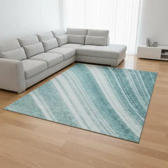 Teal And Ivory Striped Washable Area Rug With UV Protection Photo 2