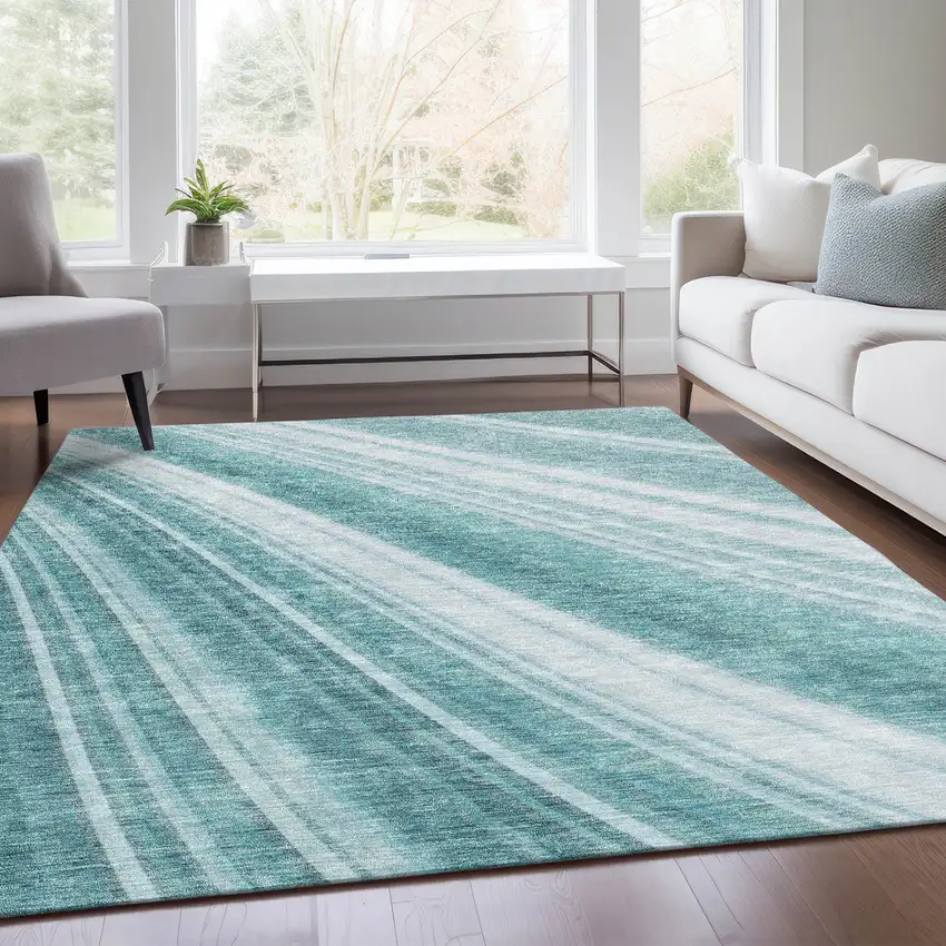 Teal And Ivory Striped Washable Area Rug With UV Protection Photo 5