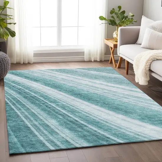 Teal And Ivory Striped Washable Area Rug With UV Protection Photo 4
