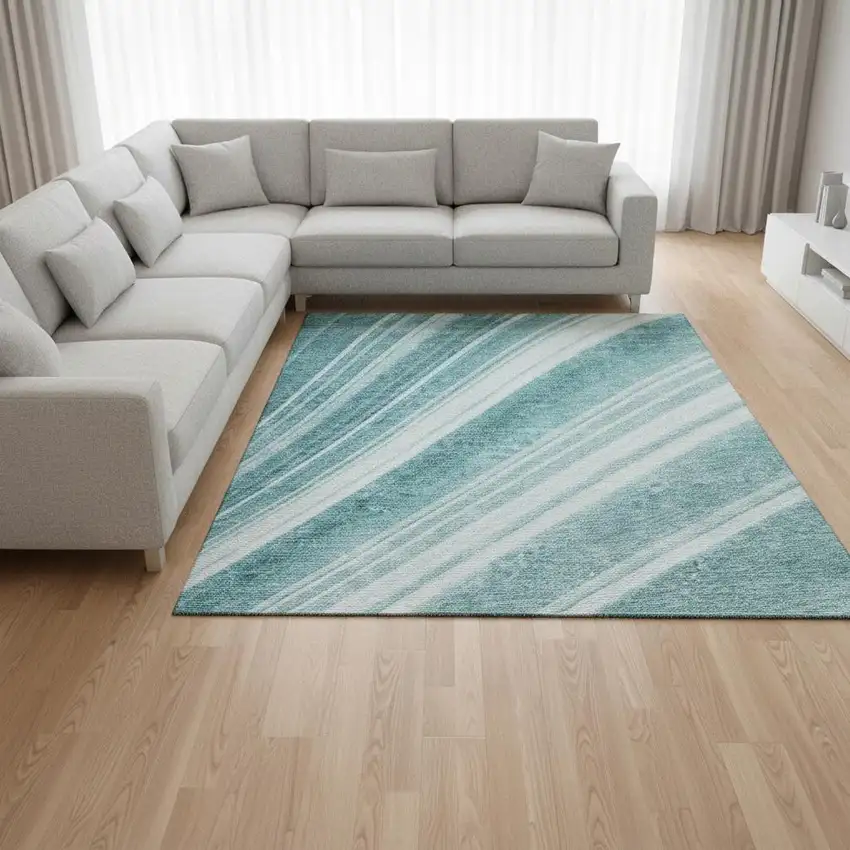 Teal And Ivory Striped Washable Area Rug With UV Protection Photo 2