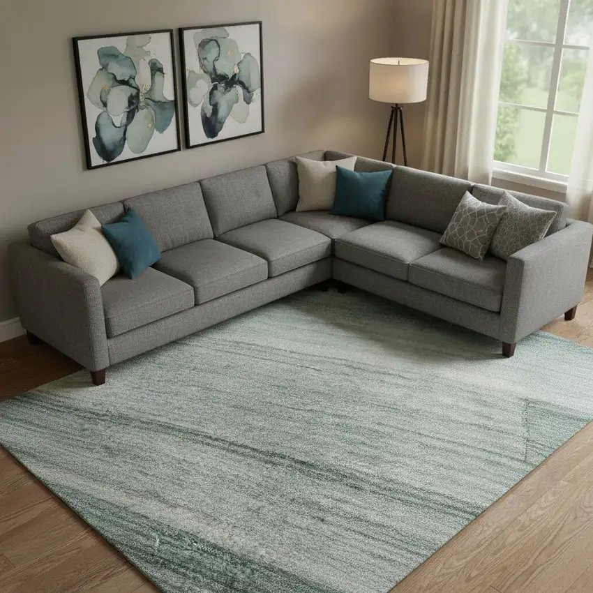 Teal And Ivory Striped Washable Area Rug With UV Protection Photo 2