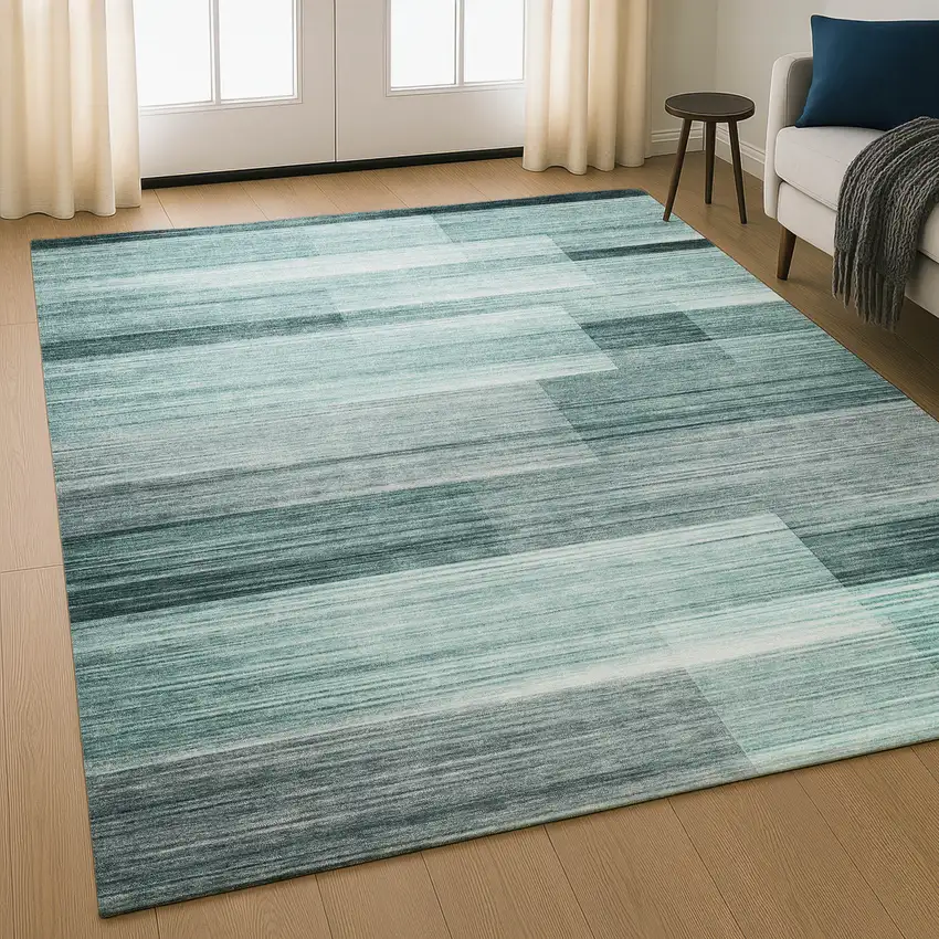 Teal And Ivory Striped Washable Area Rug With UV Protection Photo 4