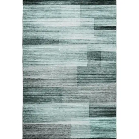 Teal And Ivory Striped Washable Area Rug With UV Protection Photo 6