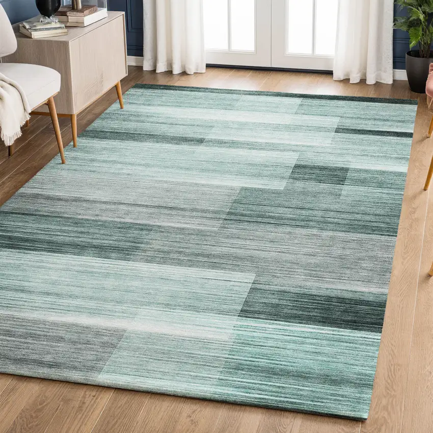 Teal And Ivory Striped Washable Area Rug With UV Protection Photo 5