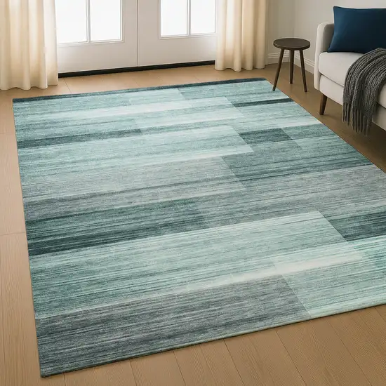 Teal And Ivory Striped Washable Area Rug With UV Protection Photo 5