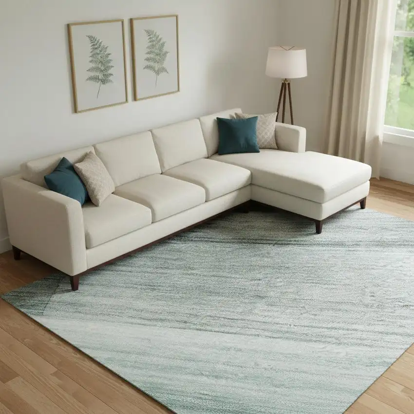 Teal And Ivory Striped Washable Area Rug With UV Protection Photo 2
