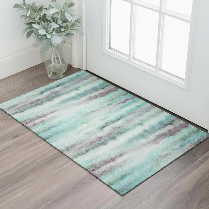 Teal And Ivory Striped Washable Area Rug With UV Protection Photo 2