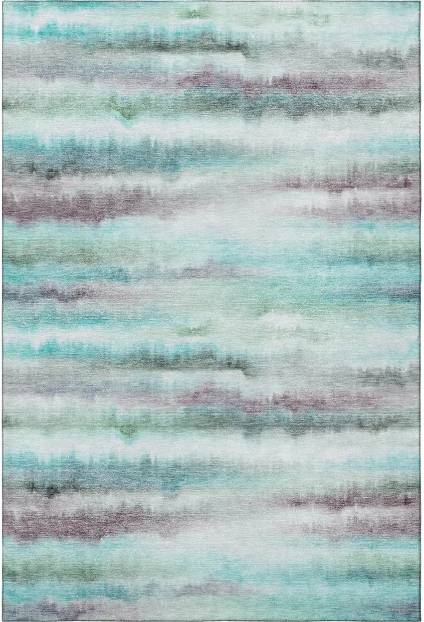 Teal And Ivory Striped Washable Area Rug With UV Protection Photo 4