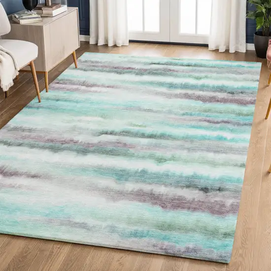 Teal And Ivory Striped Washable Area Rug With UV Protection Photo 6