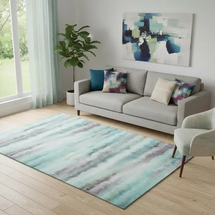 Teal And Ivory Striped Washable Area Rug With UV Protection Photo 2