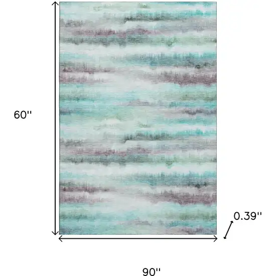 Teal And Ivory Striped Washable Area Rug With UV Protection Photo 9