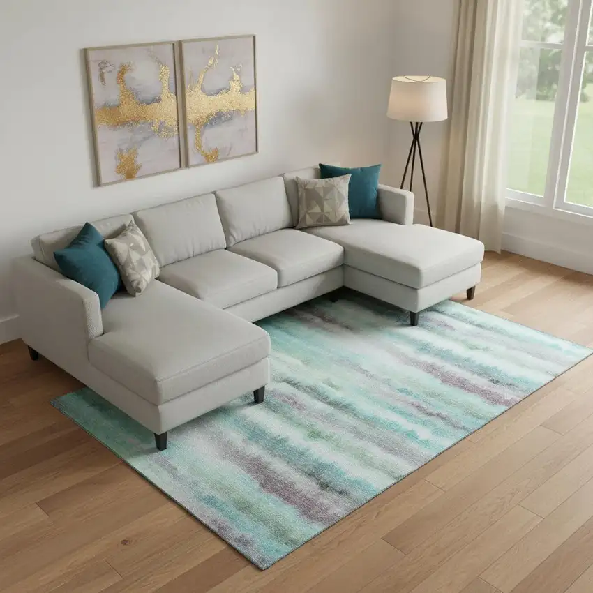 Teal And Ivory Striped Washable Area Rug With UV Protection Photo 2