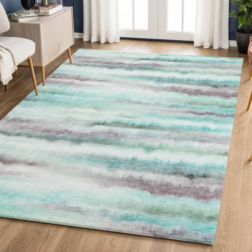 Teal And Ivory Striped Washable Area Rug With UV Protection Photo 6