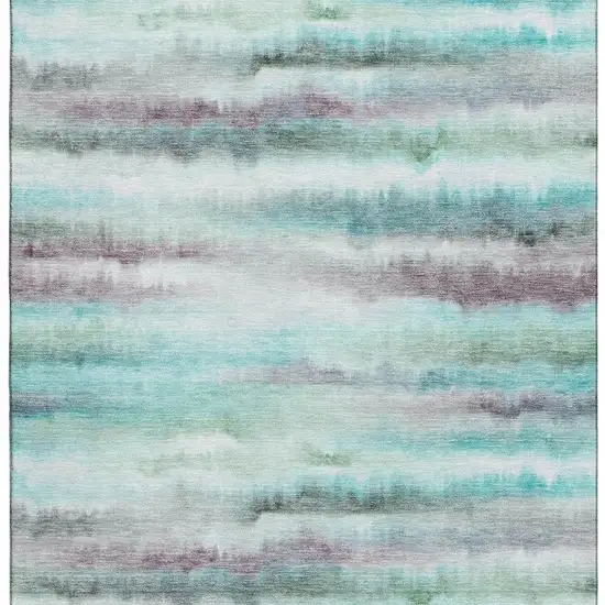 Teal And Ivory Striped Washable Area Rug With UV Protection Photo 4