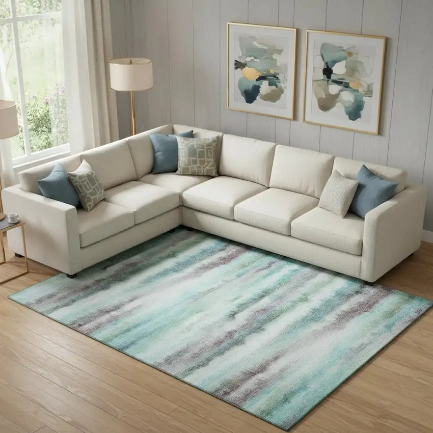 Teal And Ivory Striped Washable Area Rug With UV Protection Photo 2