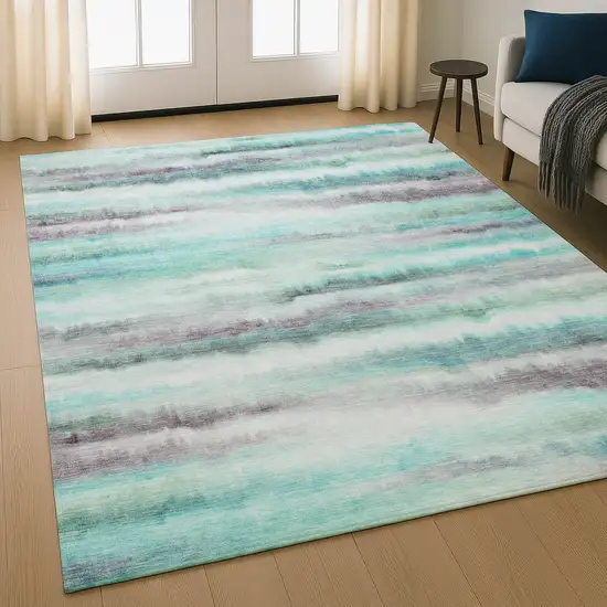 Teal And Ivory Striped Washable Area Rug With UV Protection Photo 5