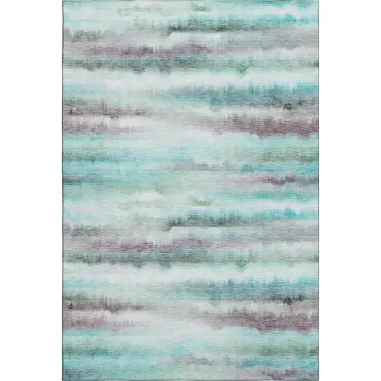 Teal And Ivory Striped Washable Area Rug With UV Protection Photo 1