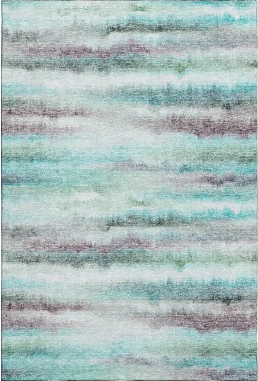 Teal And Ivory Striped Washable Area Rug With UV Protection Photo 1
