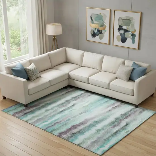 Teal And Ivory Striped Washable Area Rug With UV Protection Photo 2