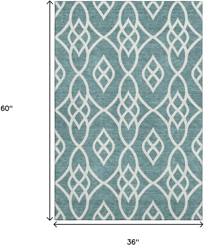 Teal And Ivory Trellis Washable Area Rug With UV Protection Photo 3