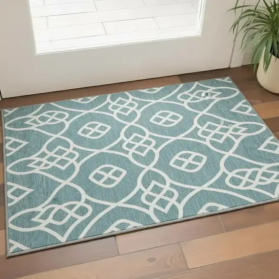Teal And Ivory Trellis Washable Area Rug With UV Protection Photo 2