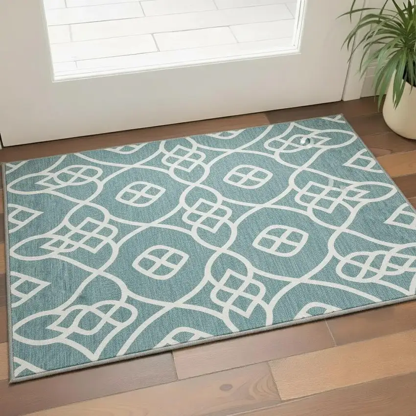 Teal And Ivory Trellis Washable Area Rug With UV Protection Photo 2