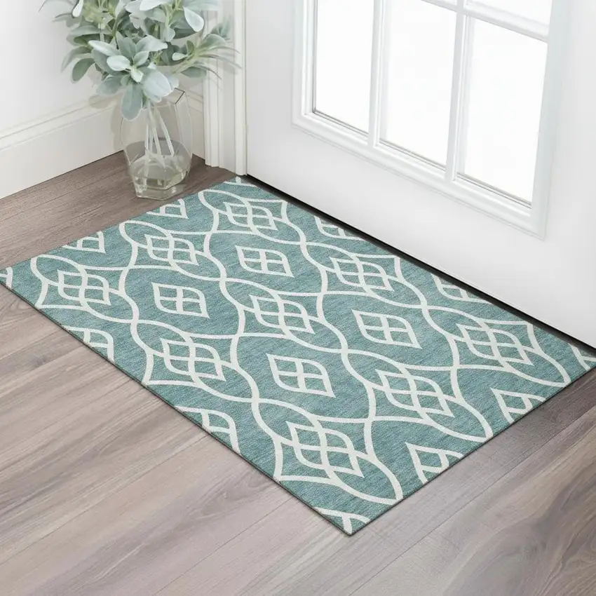 Teal And Ivory Trellis Washable Area Rug With UV Protection Photo 1