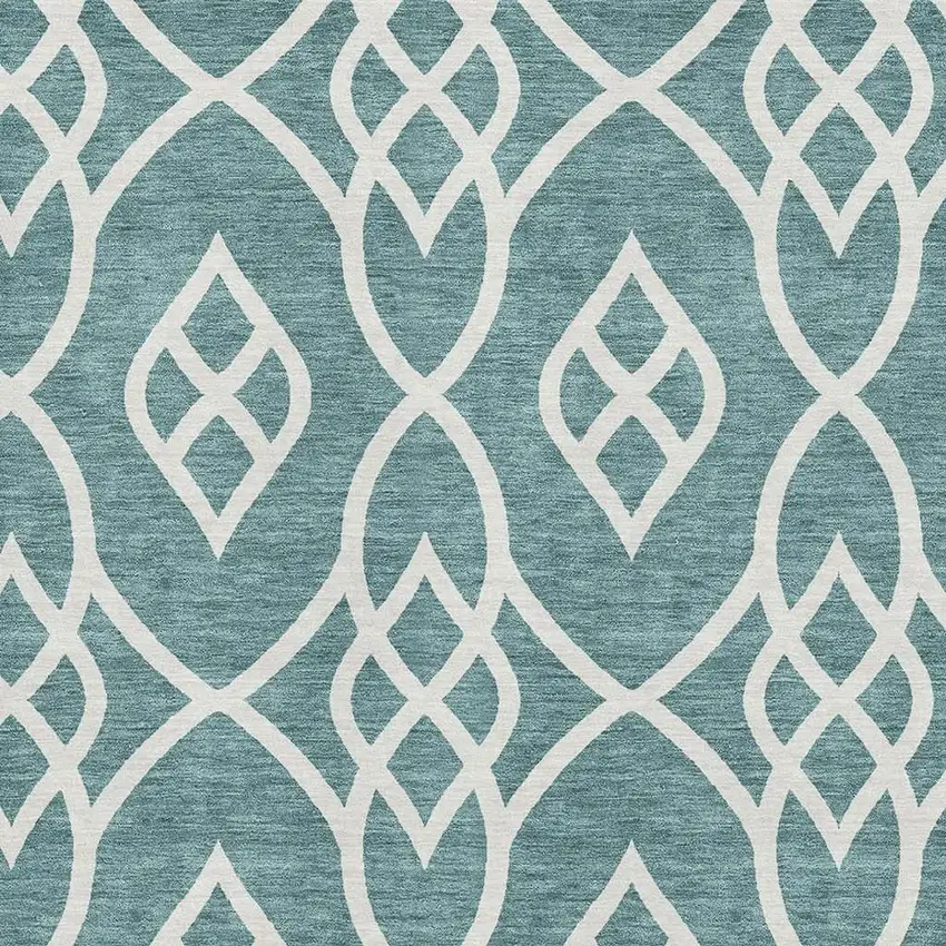 Teal And Ivory Trellis Washable Area Rug With UV Protection Photo 3