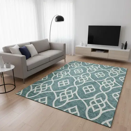 Teal And Ivory Trellis Washable Area Rug With UV Protection Photo 2