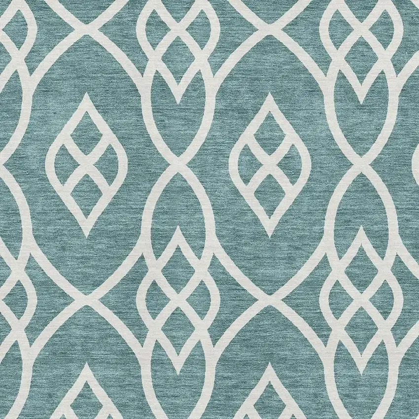 Teal And Ivory Trellis Washable Area Rug With UV Protection Photo 3