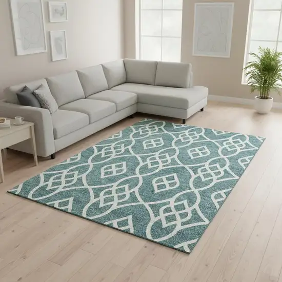 Teal And Ivory Trellis Washable Area Rug With UV Protection Photo 2