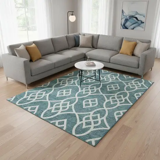 Teal And Ivory Trellis Washable Area Rug With UV Protection Photo 2