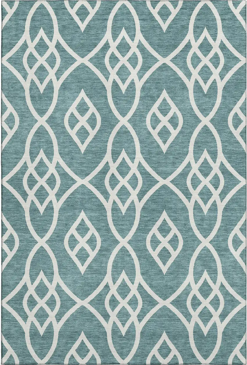 Teal And Ivory Trellis Washable Area Rug With UV Protection Photo 1