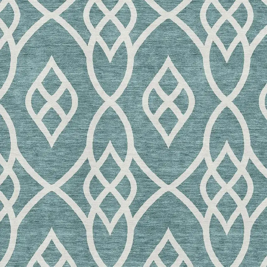 Teal And Ivory Trellis Washable Area Rug With UV Protection Photo 3