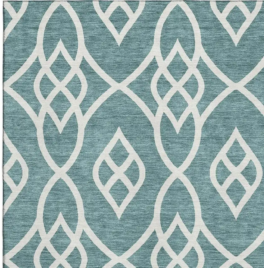 Teal And Ivory Trellis Washable Area Rug With UV Protection Photo 3