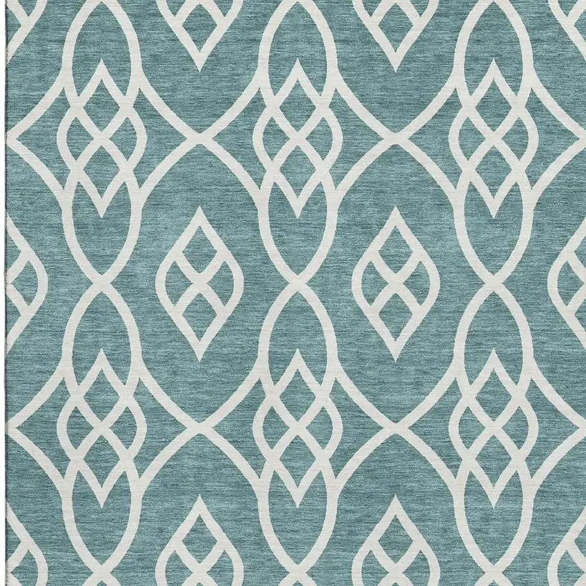 Teal And Ivory Trellis Washable Area Rug With UV Protection Photo 4